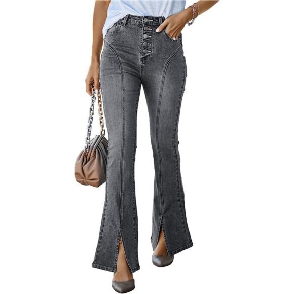 Gray High Waist Flare Jeans Split Straight Leg Dark Wash Denim Jean Pants - Picture 5 of 6